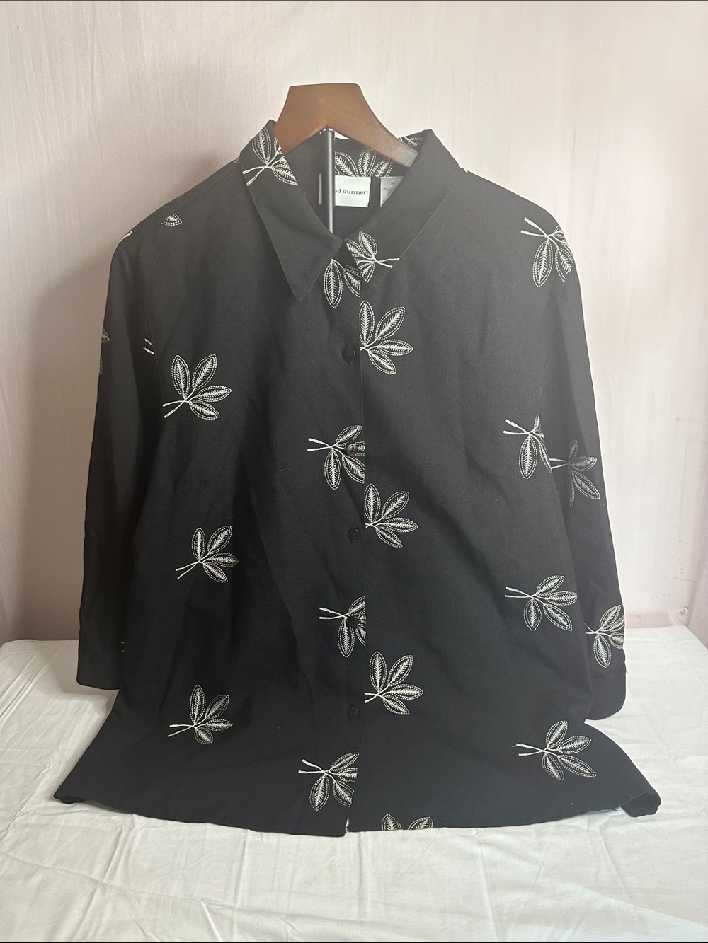 Alfred Dunner Black Button-Up Blouse with White Leaf Embroidery